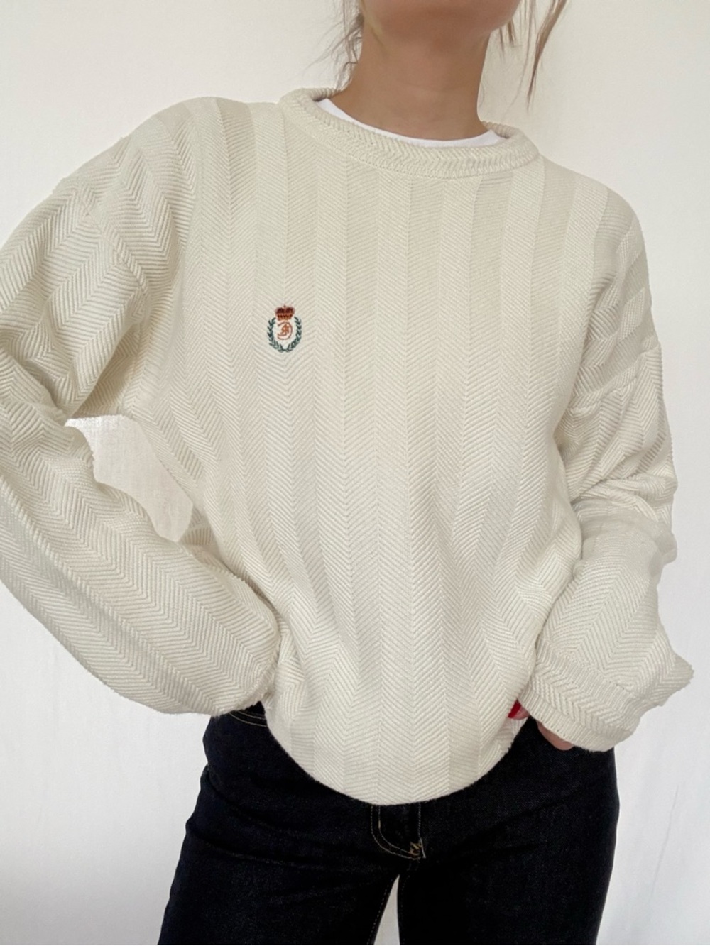 Ralph Lauren Cream Herringbone Crewneck Sweater with Crest